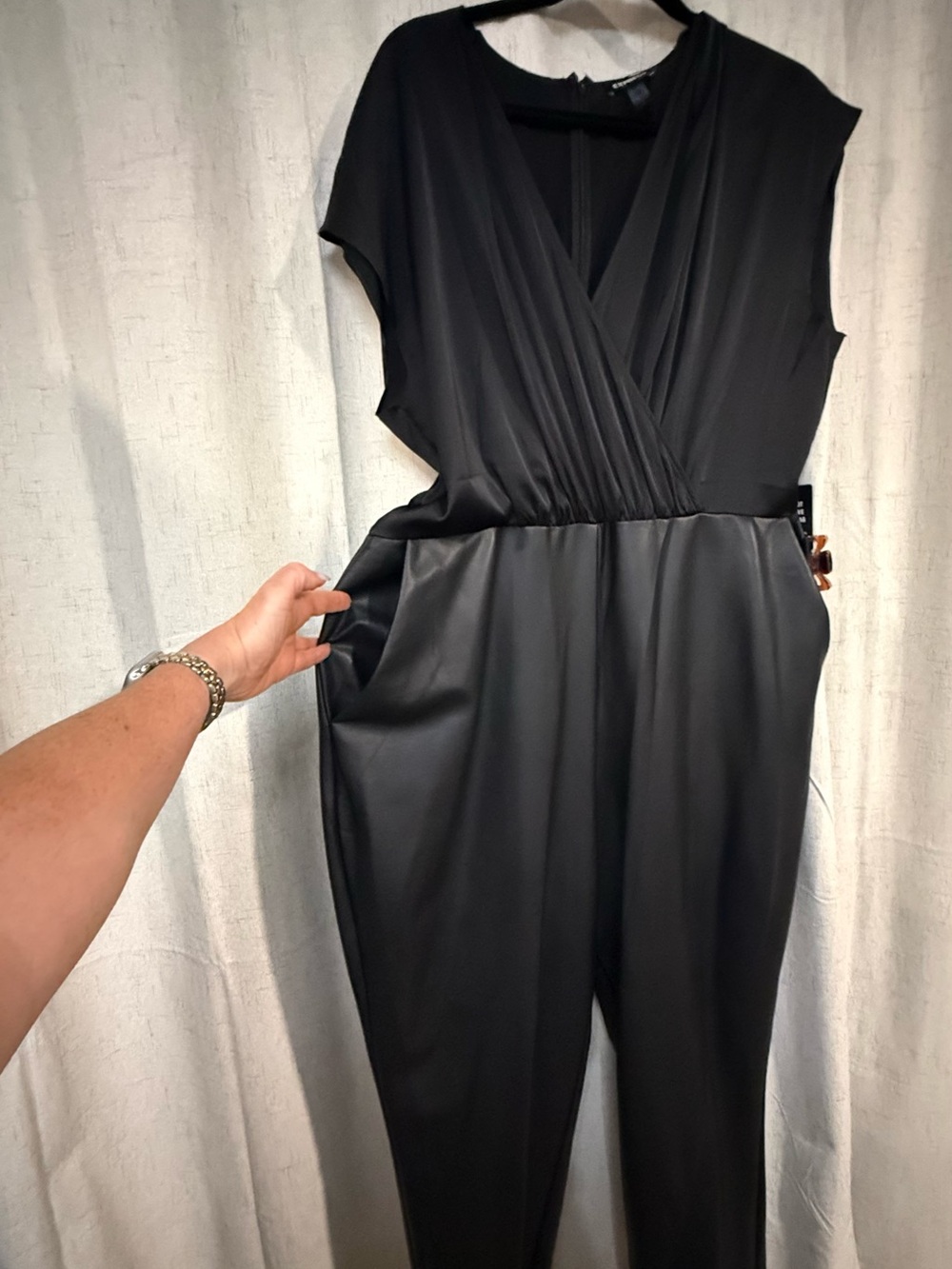 Express Black Faux-Leather & Knit Wrap Jumpsuit